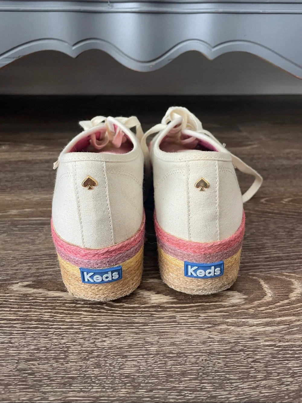 KATE SPADE KEDS Cream Platform Sneakers with Pink and Yellow Trim